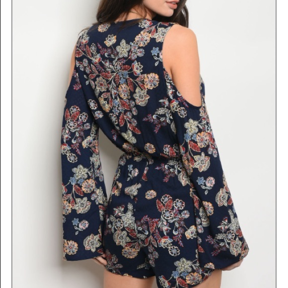Navy bell sleeve cold shoulder floral romper - Picture 2 of 6